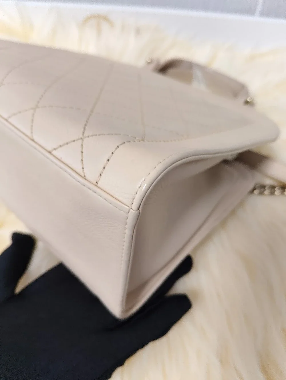 CHANEL Pink-Beige Quilted Leather Satchel with Chain Strap - Picture 6 of 13